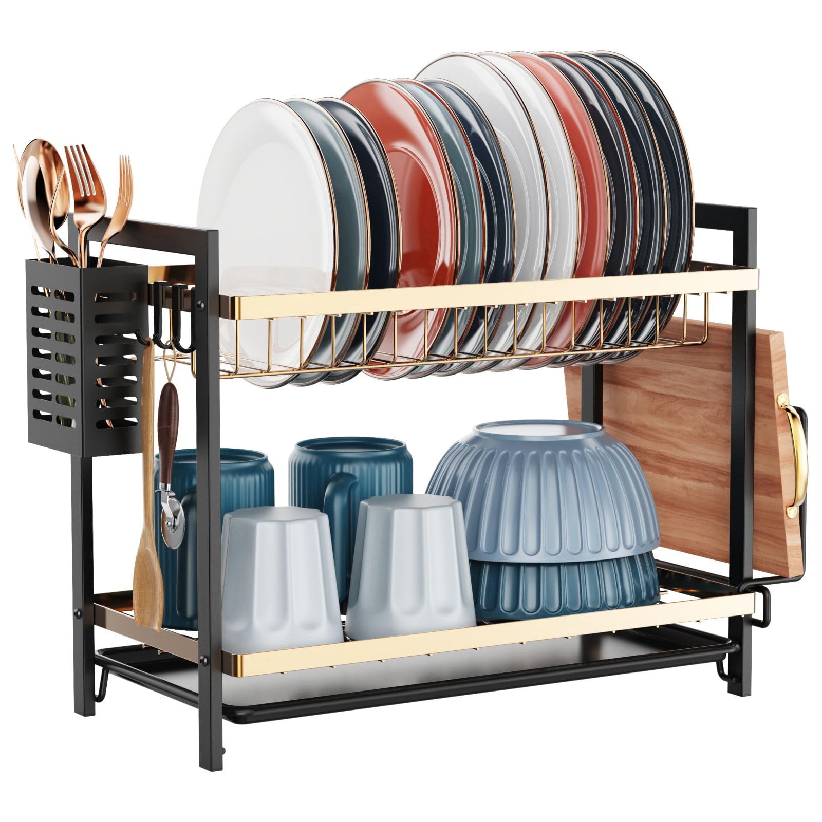 iSPECLE 2 Tier Dish Drainer Rack - Small Dish Drying Rack with Drip Tray, Space-Saving Draining Board Rack with Utensil Cutting & Board Holder for Kitchen Worktop, Black