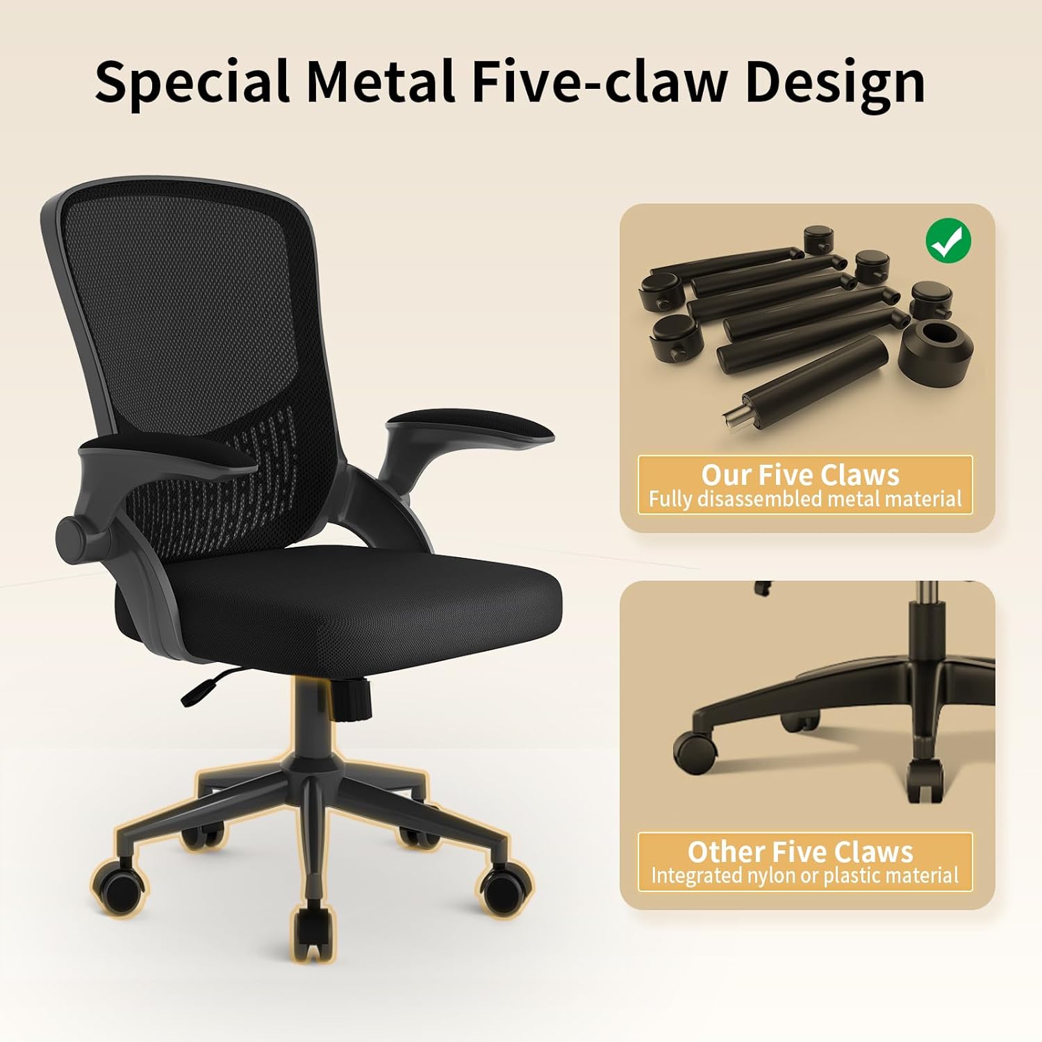 naspaluro Computer Desk Chair, Ergonomic Office Chair with 3D Lumbar Support, Flip-up Armrests Mesh Chair with Metal Claws, Mid-Back Home Office Chair-Black