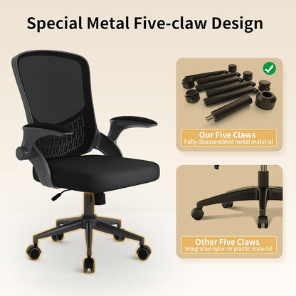 naspaluro Computer Desk Chair, Ergonomic Office Chair with 3D Lumbar Support, Flip-up Armrests Mesh Chair with Metal Claws, Mid-Back Home Office Chair-Black
