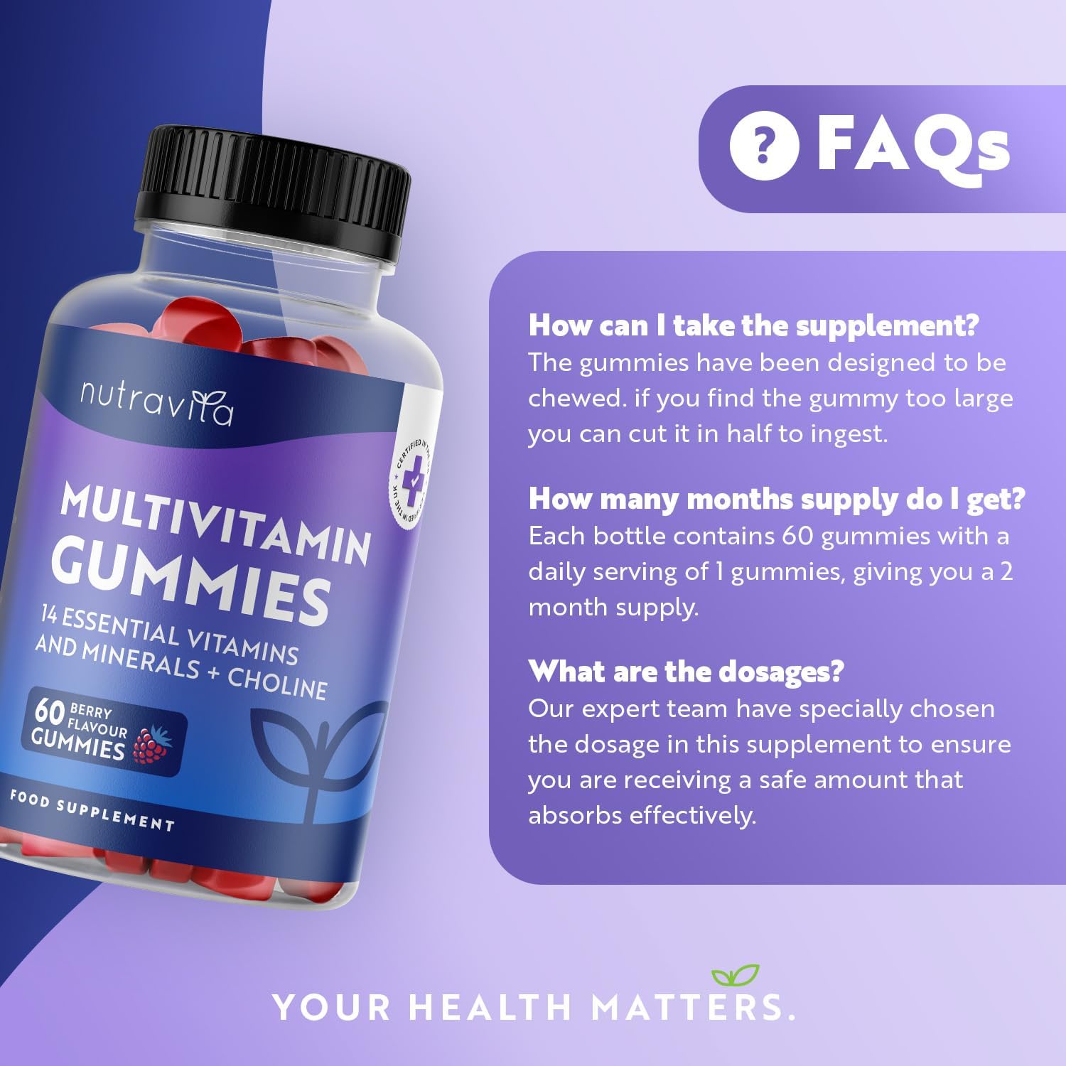 Multivitamin Gummies for Women & Men - 60 Vegan Gummies (2 Month Supply) - 14 Essential Vitamins & Minerals with Vitamin C A D B12 Biotin Zinc - Berry Flavour Chewable Adult Multi Vitamins - Nutravita