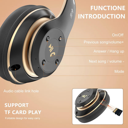 Bluetooth Headphones Over Ear, 6 EQ Modes Wireless Headphones Over Ear,65 Hours Playtime Foldable Lightweight Wireless Headphones,with Built-in HD Mic, FM, SD/TF for PC/Home（Black & Gold）