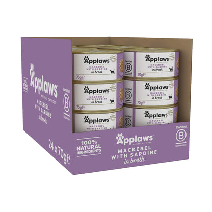 Applaws Natural Wet Cat Food, Multipack Chicken and Fish Selection in Broth 70 g Tin (Pack of 12)