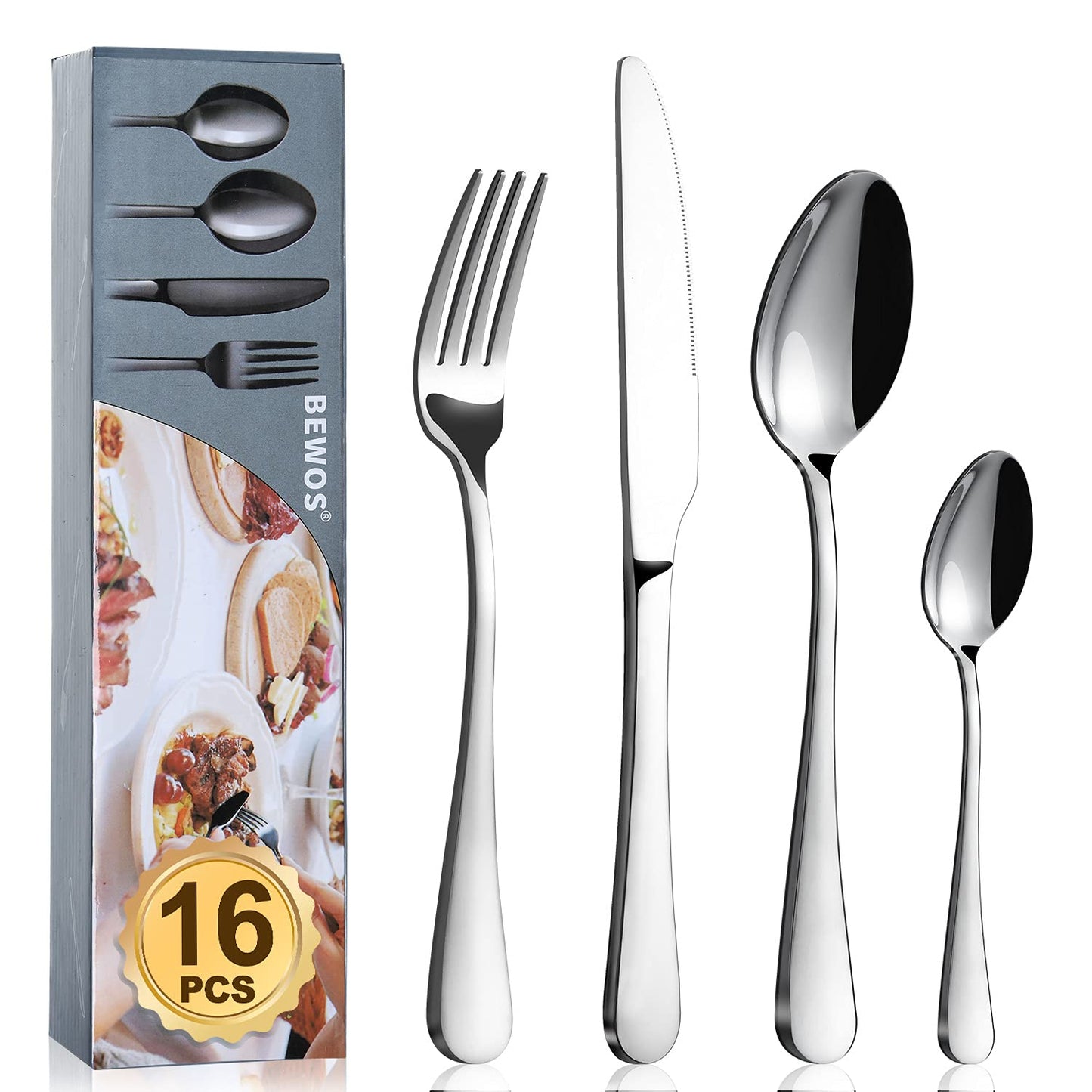 Cutlery Set, BEWOS 16-Piece Stainless Steel Flatware Set, Tableware Silverware Set with Rainbow Spoon Knife and Fork Set, Service for 4, Dishwasher Safe/Easy Clean, Mirror Polished