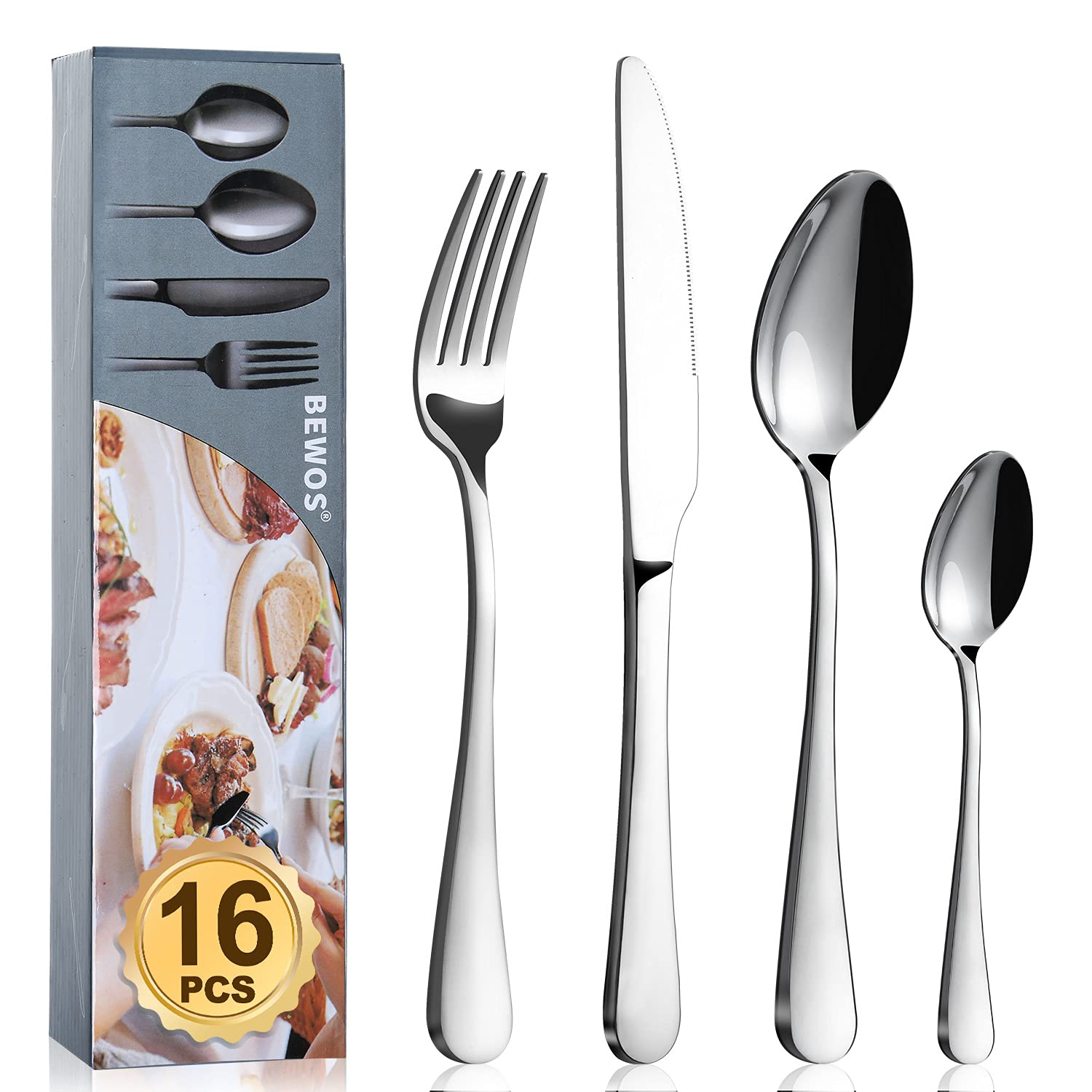 Cutlery Set, BEWOS 16-Piece Stainless Steel Flatware Set, Tableware Silverware Set with Rainbow Spoon Knife and Fork Set, Service for 4, Dishwasher Safe/Easy Clean, Mirror Polished