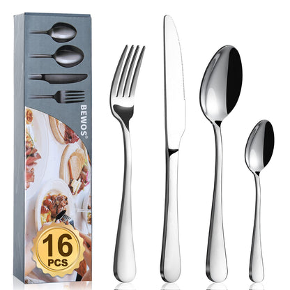 Cutlery Set, BEWOS 16-Piece Stainless Steel Flatware Set, Tableware Silverware Set with Rainbow Spoon Knife and Fork Set, Service for 4, Dishwasher Safe/Easy Clean, Mirror Polished