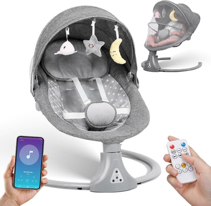 Baby Swing Chair: Baby Bouncer from Birth with Bluetooth Remote Control | Cordless 5-Speed Levels 12 Lullabies & 3 Timers | 3 Adjustable Angles & Electric Rocking Chair for Newborn | Gray