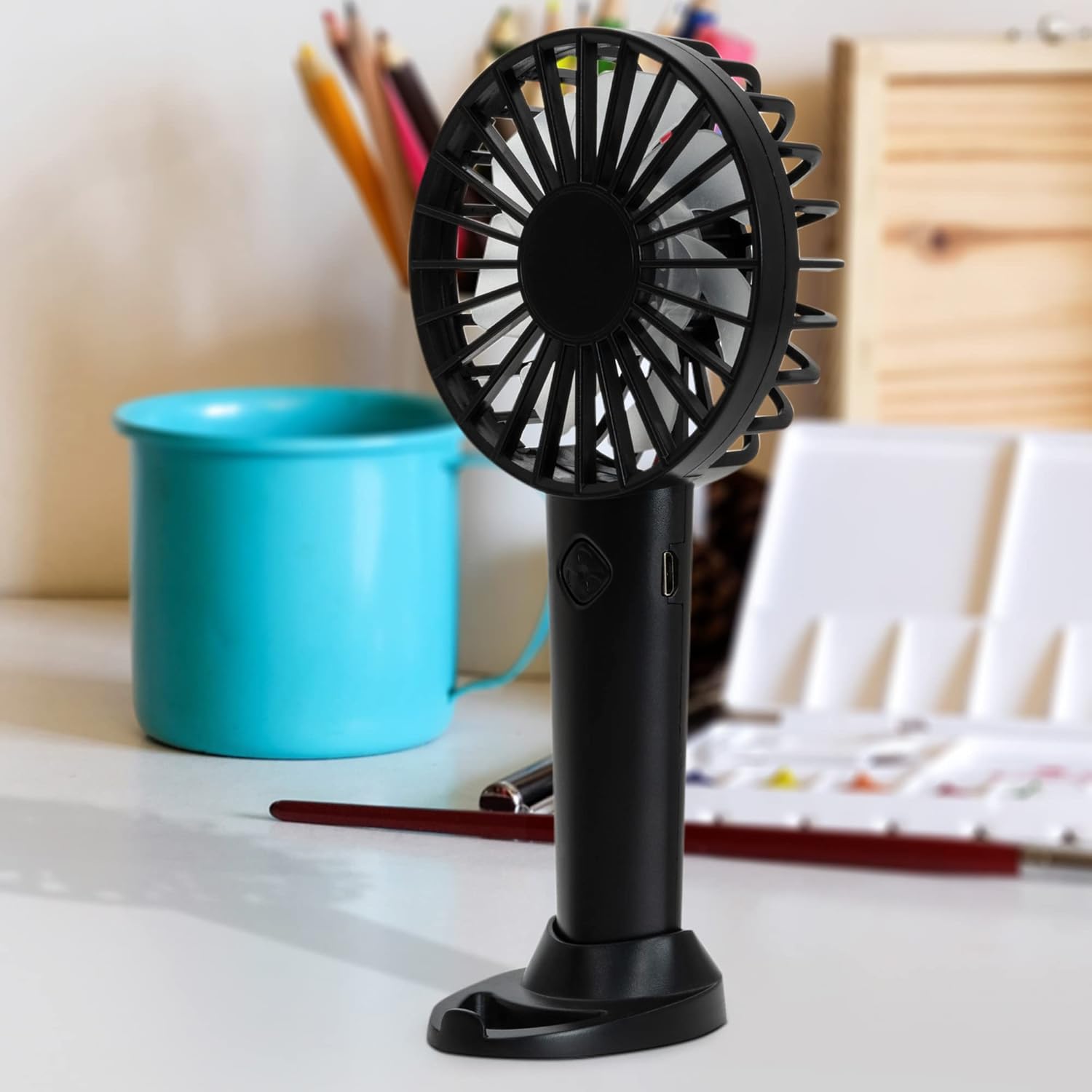 Handheld Fan, Hand Portable Fan with 3 Speeds | USB Rechargeable, Held Mini Handheld, Travel & Free Standing (Black)