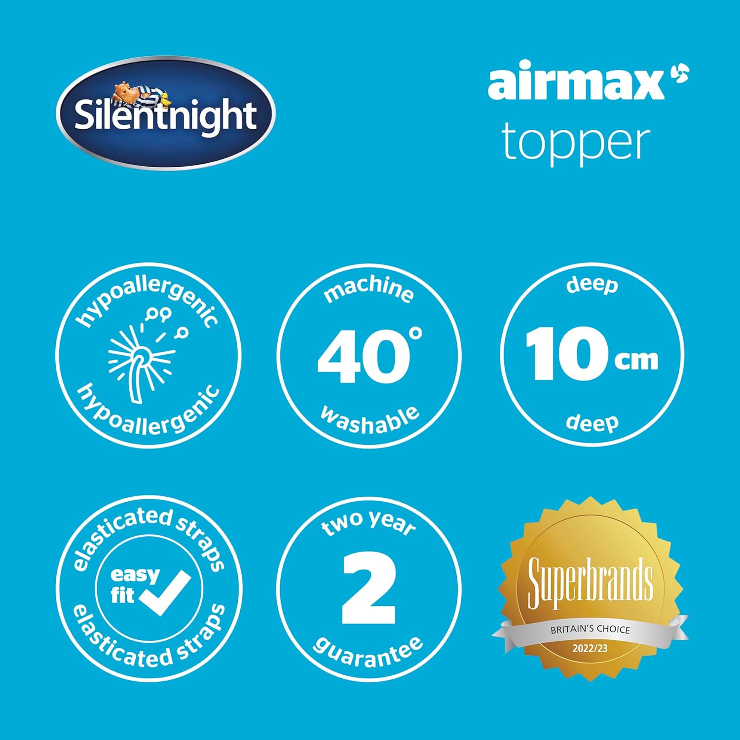 Silentnight Airmax 1000 Double Mattress Topper - Extra Thick Deep Fitted Mattress Enhancer with 10cm Thick Cushioning, Mesh Sides to Increase Airflow and Elasticated Straps - Double - 190x135cm