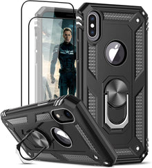 LeYi for iPhone X Case/iPhone XS Case and 2 Tempered Glass Screen Protector,Ring Holder Military Grade Protective Shockproof Tough Silicone Hard Phone Cover for iPhone X/XS 5.8'' Black