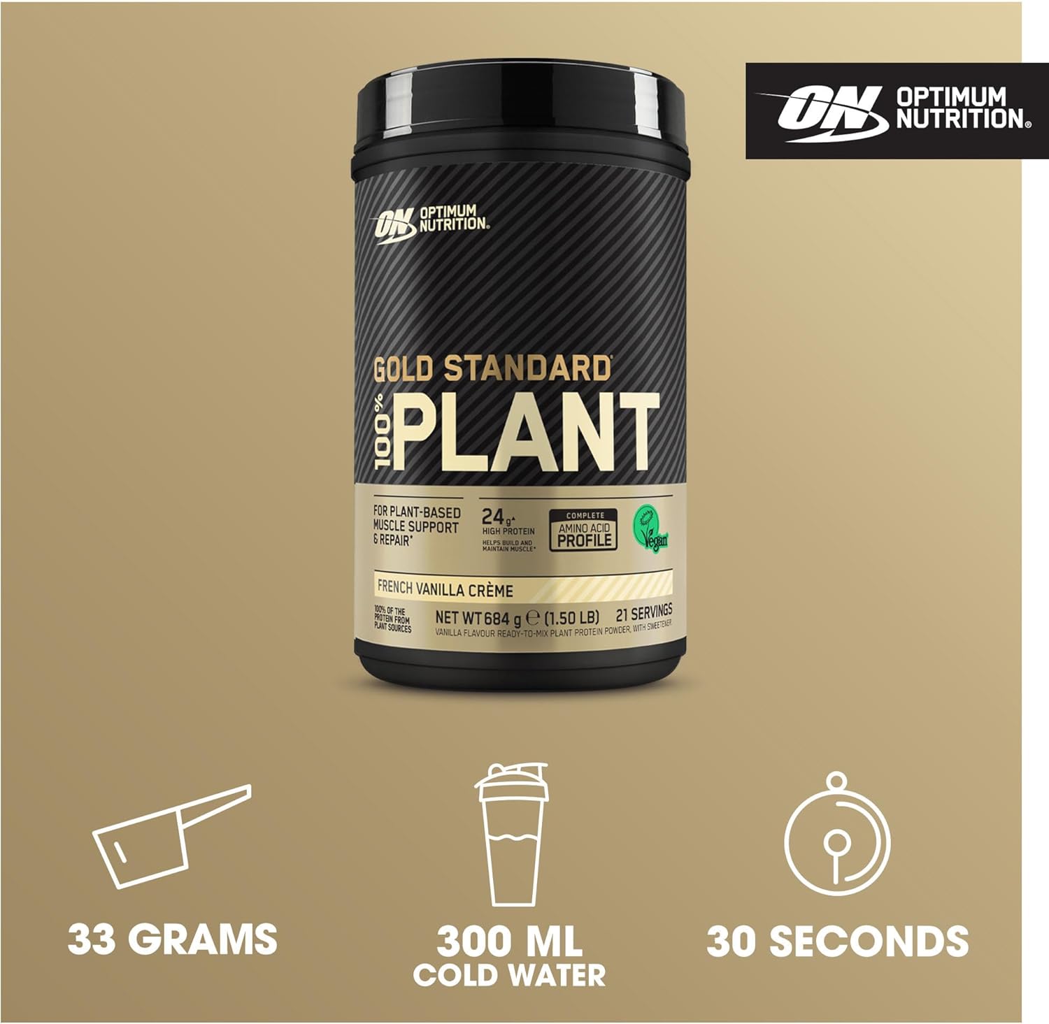 Optimum Nutrition Gold Standard 100% Plant Based Protein Powder for Men and Women, Vegan Protein Shake Powder, Post Workout, or anytime throughout the day, Vanilla Flavour, 21 Servings, 684g