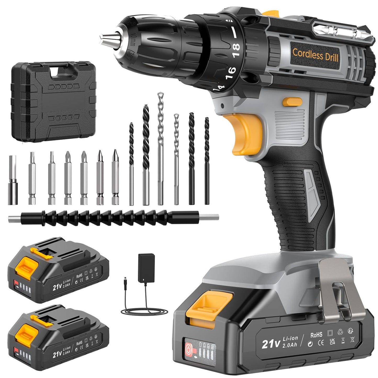 Bamse Cordless Drill 21V, Electric Drill, 1 Battery 2.0Ah Combi Set 42N.m Torque, 18+1 Torque, 2 Speeds, 20PCS Drill Set, LED Light for Garden DIY,Grey