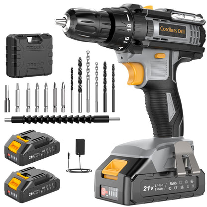 Bamse Cordless Drill 21V, Electric Drill, 1 Battery 2.0Ah Combi Set 42N.m Torque, 18+1 Torque, 2 Speeds, 20PCS Drill Set, LED Light for Garden DIY,Grey