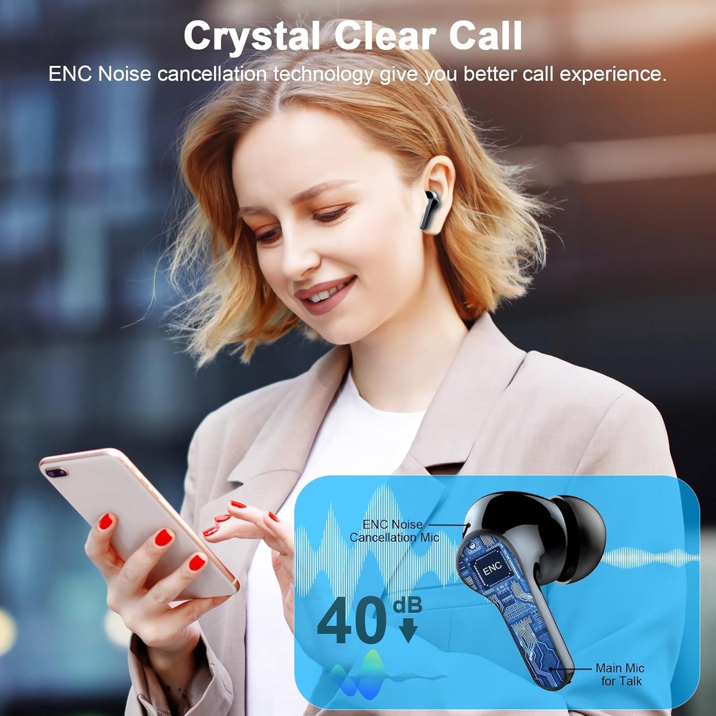 Wireless Earbuds, Bluetooth 5.4 Headphones with 4 ENC Noise Cancelling Microphone, Ear buds with HiFi Stereo Deep Bass, Bluetooth Earphones 45H Playtime LED Display, IP7 Waterproof, Dark Black