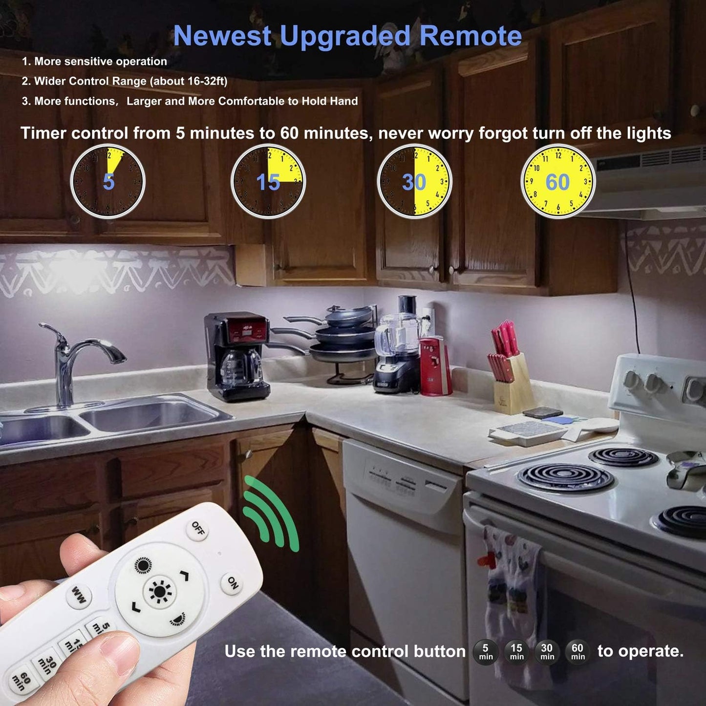 LDOPTO Under Cabinet Kitchen Lights with Remote Dimmable LED Cupboard Battery Powered LED Bedroom Lights with Timer for Kitchen Hallway, Multiple Colors 4 Pack