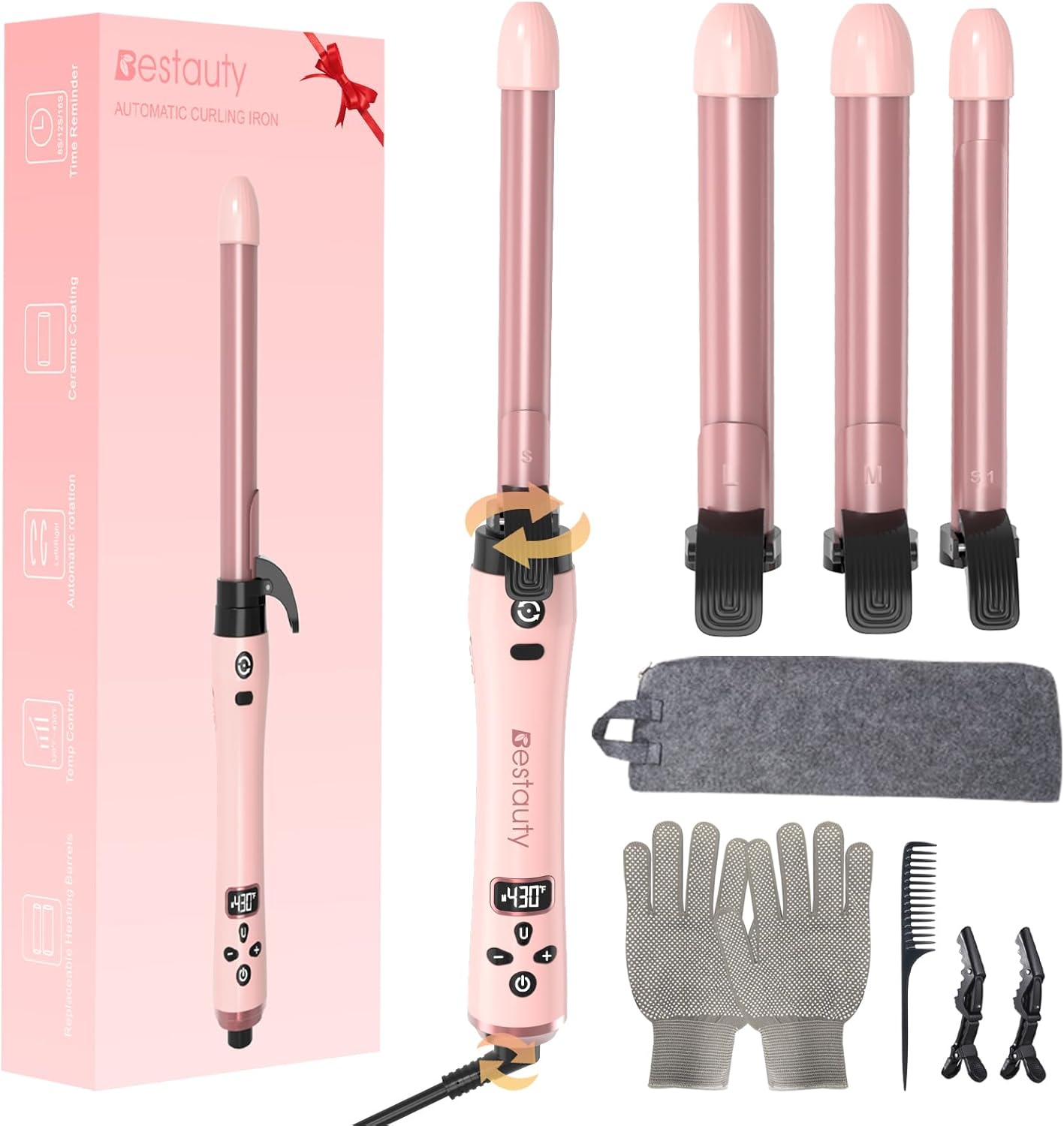 Bestauty Automatic Hair Curler, 4 in 1 Hair Curler with 19-32mm Interchangeable Ceramic Curling Tongs, 360° Rotating 160-220° C Curling Iron, Dual Voltage(Pink)