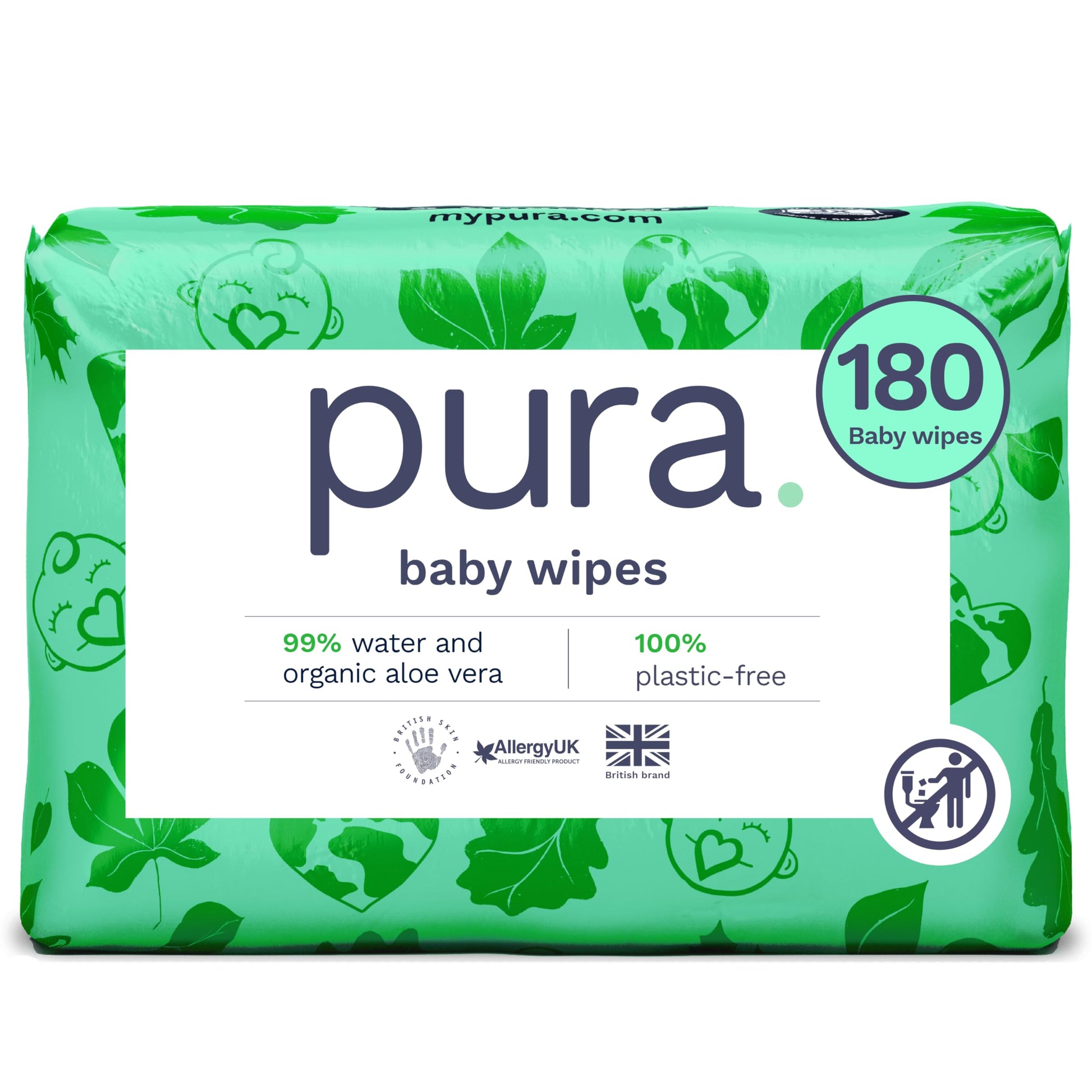 Pura Eco Flushable Baby Wipes - 1 Pack (60 Wipes) 100% Plastic Free, 99% Water, Suitable for Sensitive, Eczema Prone Skin, Newborn Baby & Toddlers, Biodegradable, Vegan, Potty Training