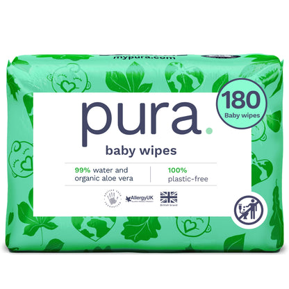 Pura Eco Flushable Baby Wipes - 1 Pack (60 Wipes) 100% Plastic Free, 99% Water, Suitable for Sensitive, Eczema Prone Skin, Newborn Baby & Toddlers, Biodegradable, Vegan, Potty Training