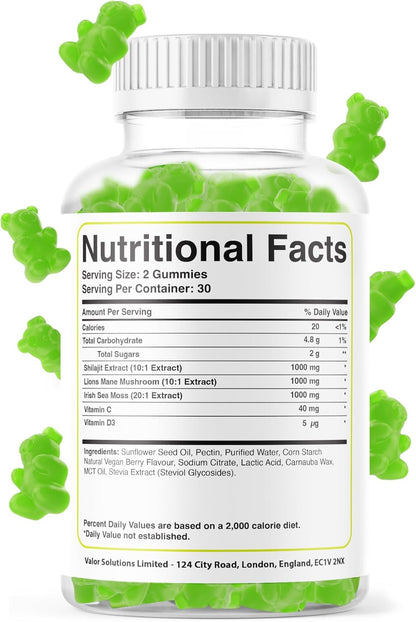 Shilajit, Sea Moss & Lion's Mane Gummies - 3000mg Adaptogen Blend with Vitamin D3 & C - 3 in 1, Immune Support & Energy Booster 85+ Trace Minerals - Vegan Friendly- 120 Gummies (60 Servings)
