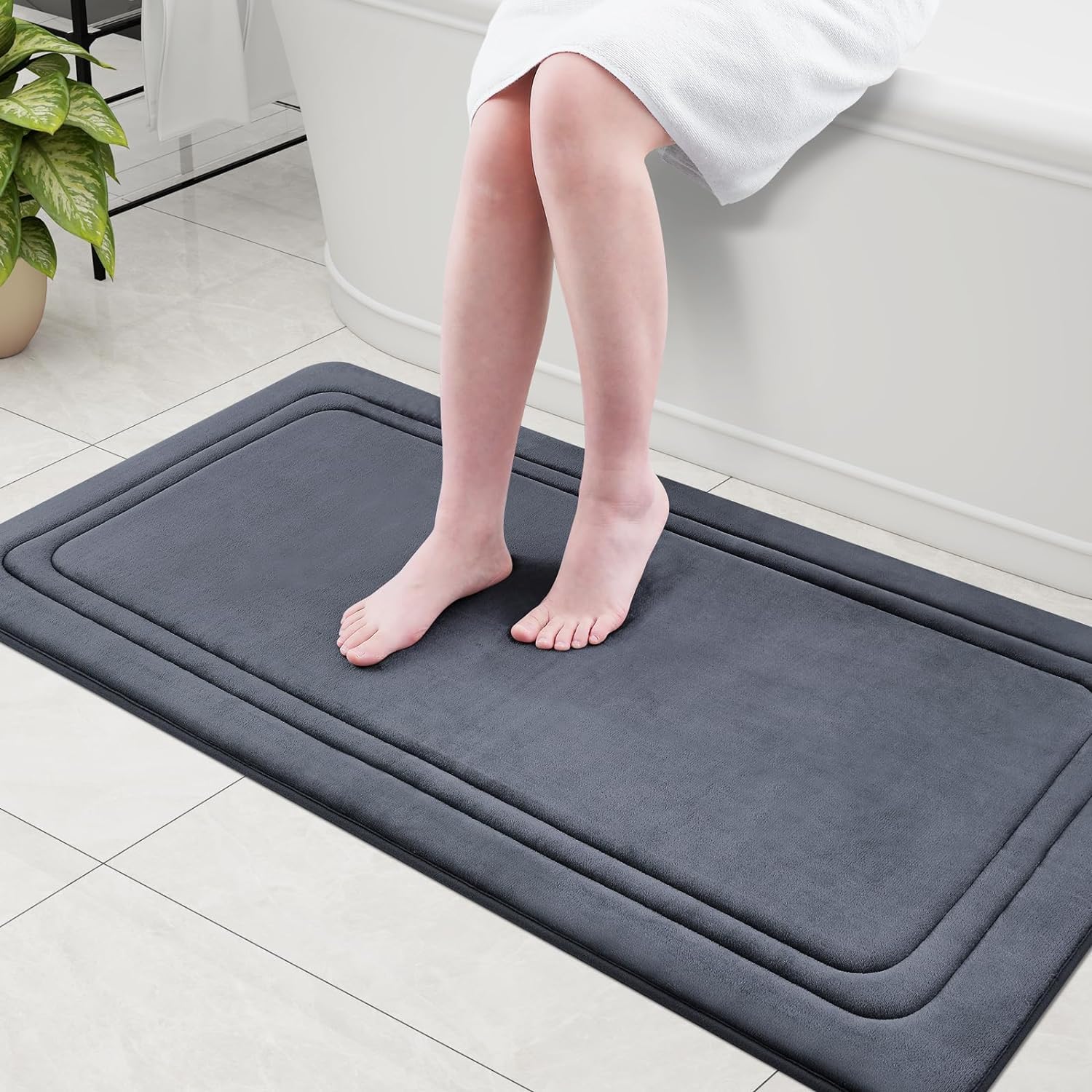 smiry Memory Foam Bath Mat - 40 x 60cm, Non-Slip, Super Absorbent, Comfortable - Machine-Washable Floor Rug, Dark Grey