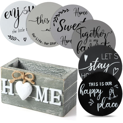 Queekay Housewarming Gifts for Home Decoration Wooden Heart Coasters for Drinks 6 Set Farmhouse Coasters with Holder Funny for Family Coffee Table Protection, 4''(Classic Farmhouse,Home)