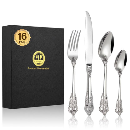 Cutlery Set, BEWOS 16-Piece Stainless Steel Flatware Set, Tableware Silverware Set with Rainbow Spoon Knife and Fork Set, Service for 4, Dishwasher Safe/Easy Clean, Mirror Polished
