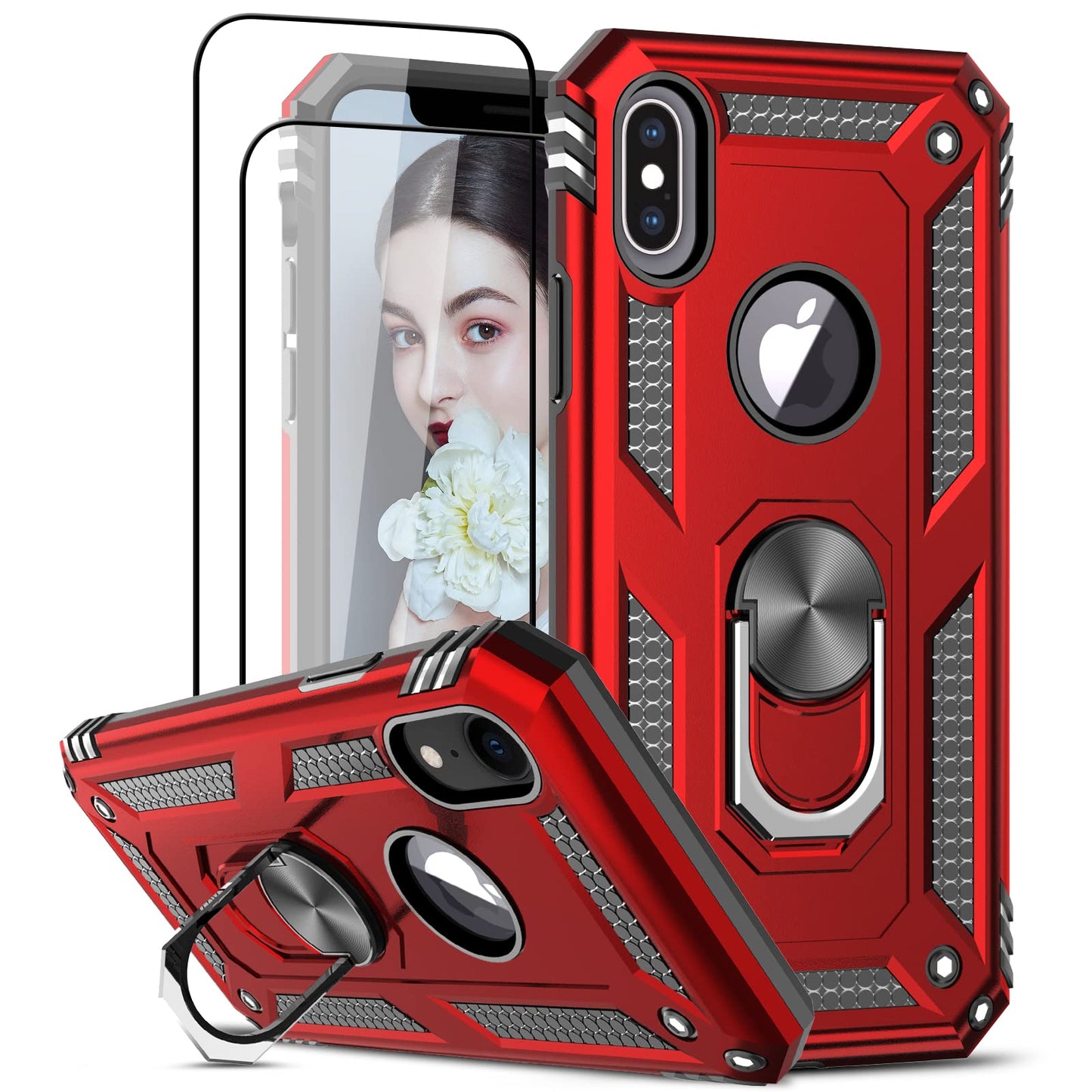 LeYi for iPhone X Case/iPhone XS Case and 2 Tempered Glass Screen Protector,Ring Holder Military Grade Protective Shockproof Tough Silicone Hard Phone Cover for iPhone X/XS 5.8'' Black