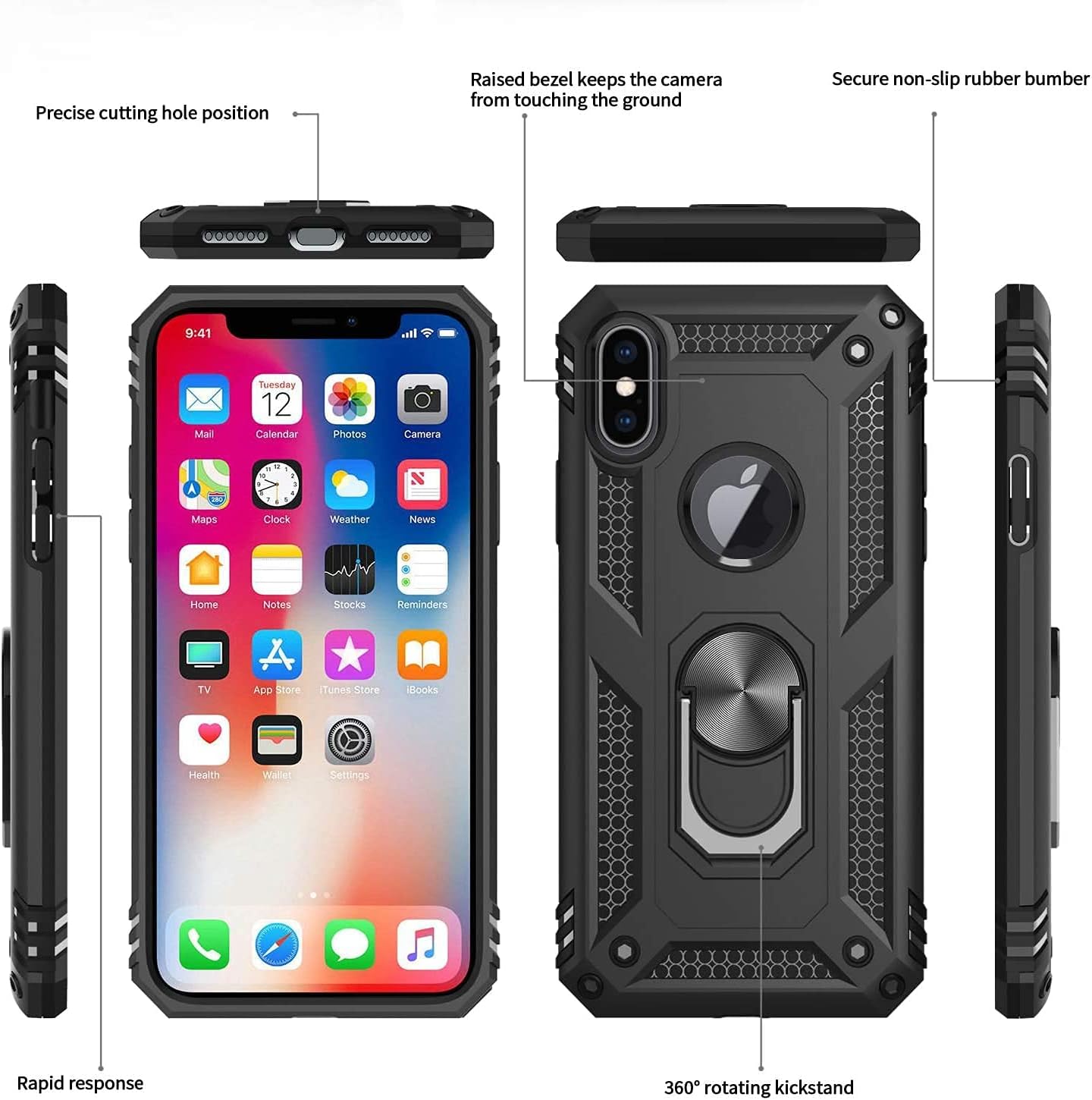 LeYi for iPhone X Case/iPhone XS Case and 2 Tempered Glass Screen Protector,Ring Holder Military Grade Protective Shockproof Tough Silicone Hard Phone Cover for iPhone X/XS 5.8'' Black