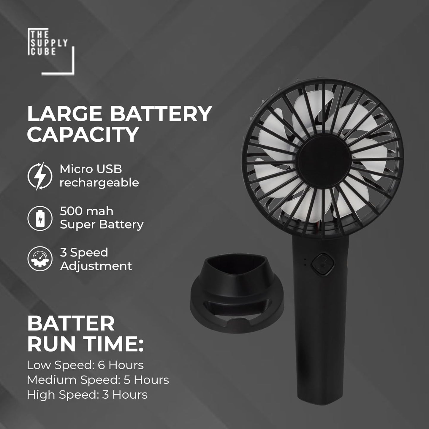 Handheld Fan, Hand Portable Fan with 3 Speeds | USB Rechargeable, Held Mini Handheld, Travel & Free Standing (Black)
