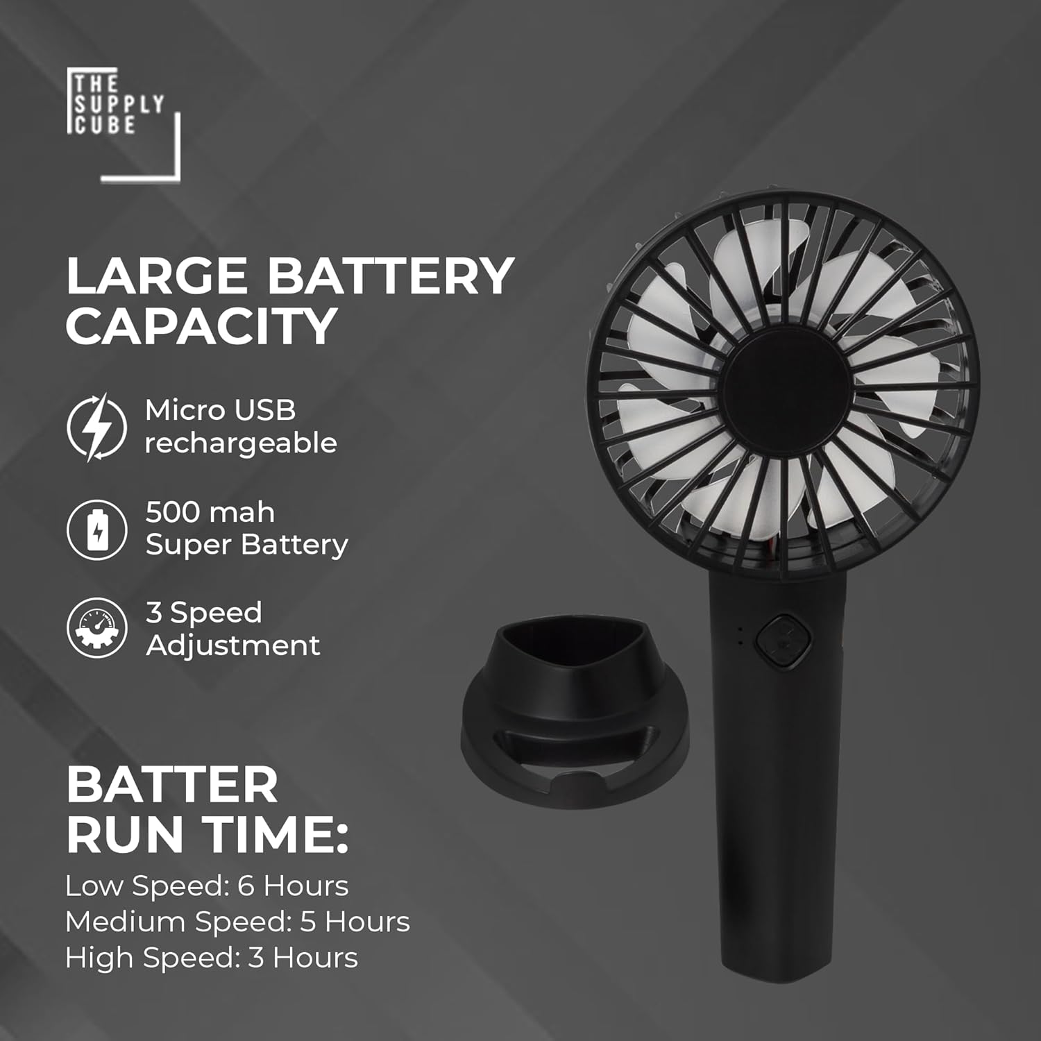 Handheld Fan, Hand Portable Fan with 3 Speeds | USB Rechargeable, Held Mini Handheld, Travel & Free Standing (Black)