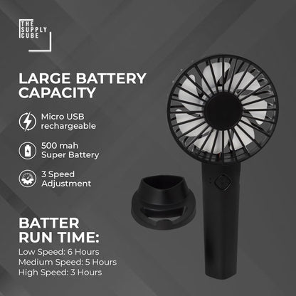 Handheld Fan, Hand Portable Fan with 3 Speeds | USB Rechargeable, Held Mini Handheld, Travel & Free Standing (Black)