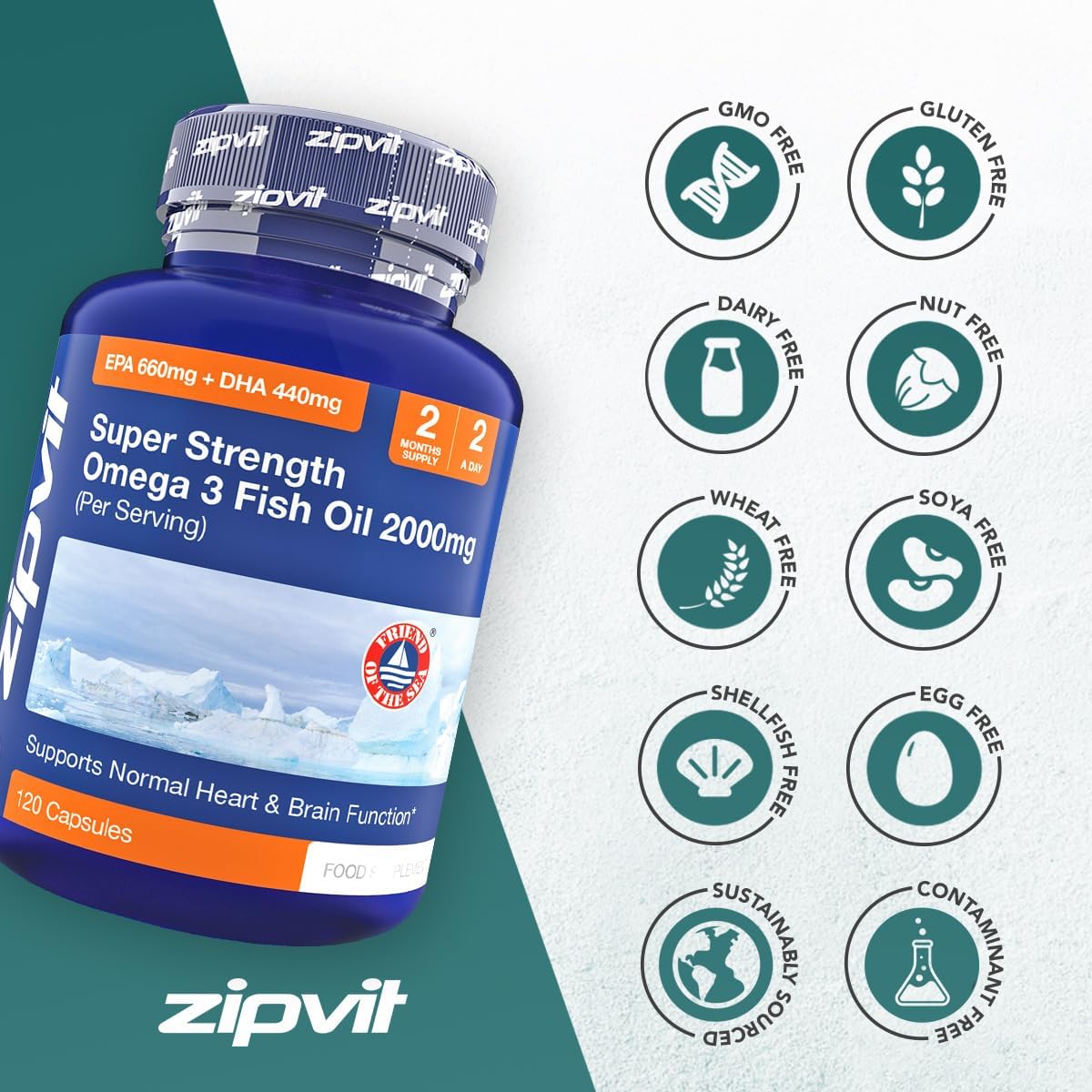 Omega 3 Fish Oil 2000mg, EPA 660mg DHA 440mg per Daily Serving. 120 Capsules (2 Months Supply). Supports Heart, Brain Function and Eye Health. 2 Capsules Per Serving