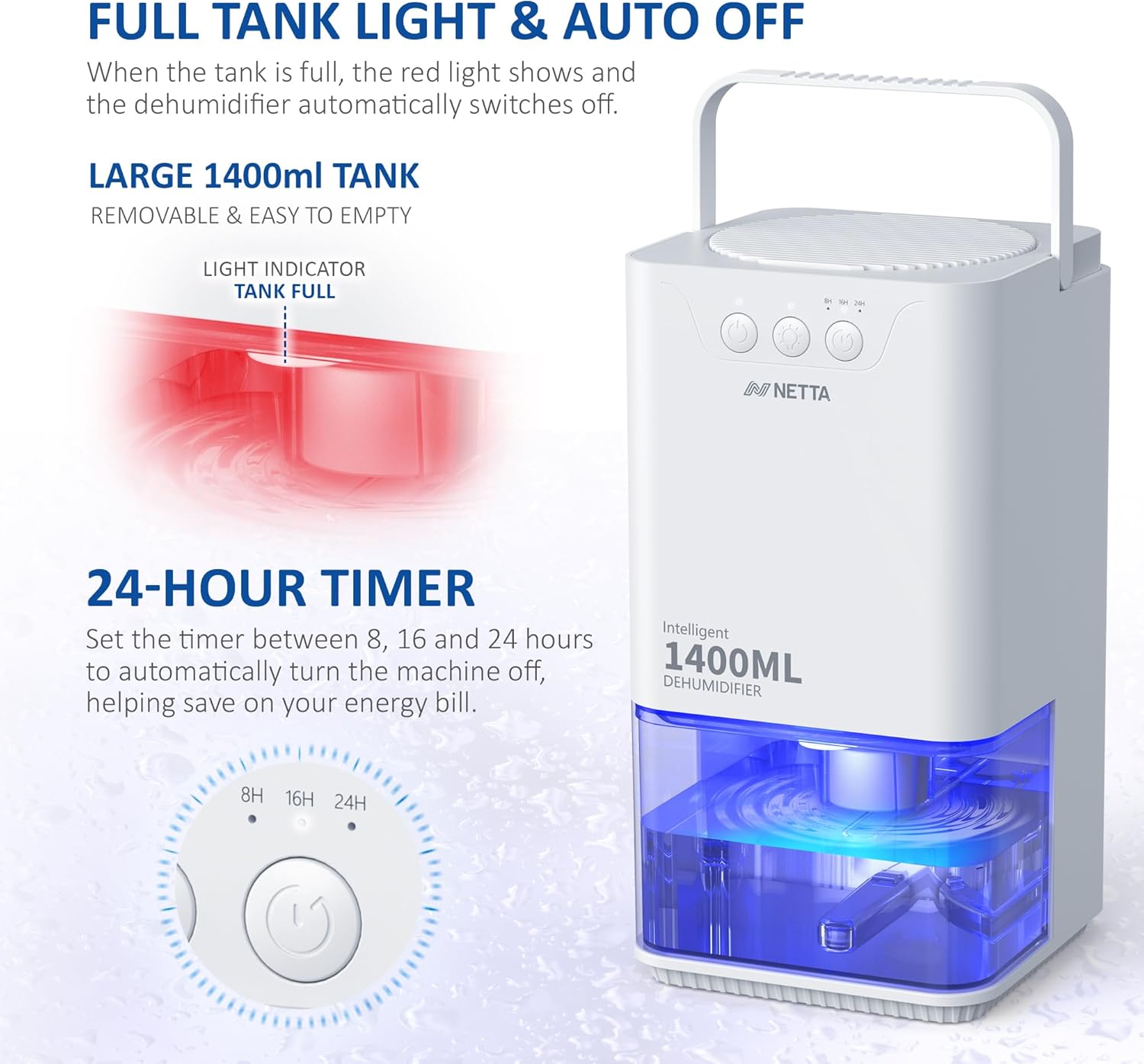 NETTA Dehumidifiers for Home Damp 1400ml Dehumidifier with Ultra Quiet & Auto Shut off 3 Colorful LED, 24Hr Timer Portable Mini Dehumidifier for Wardrobe Bathroom Closet - White