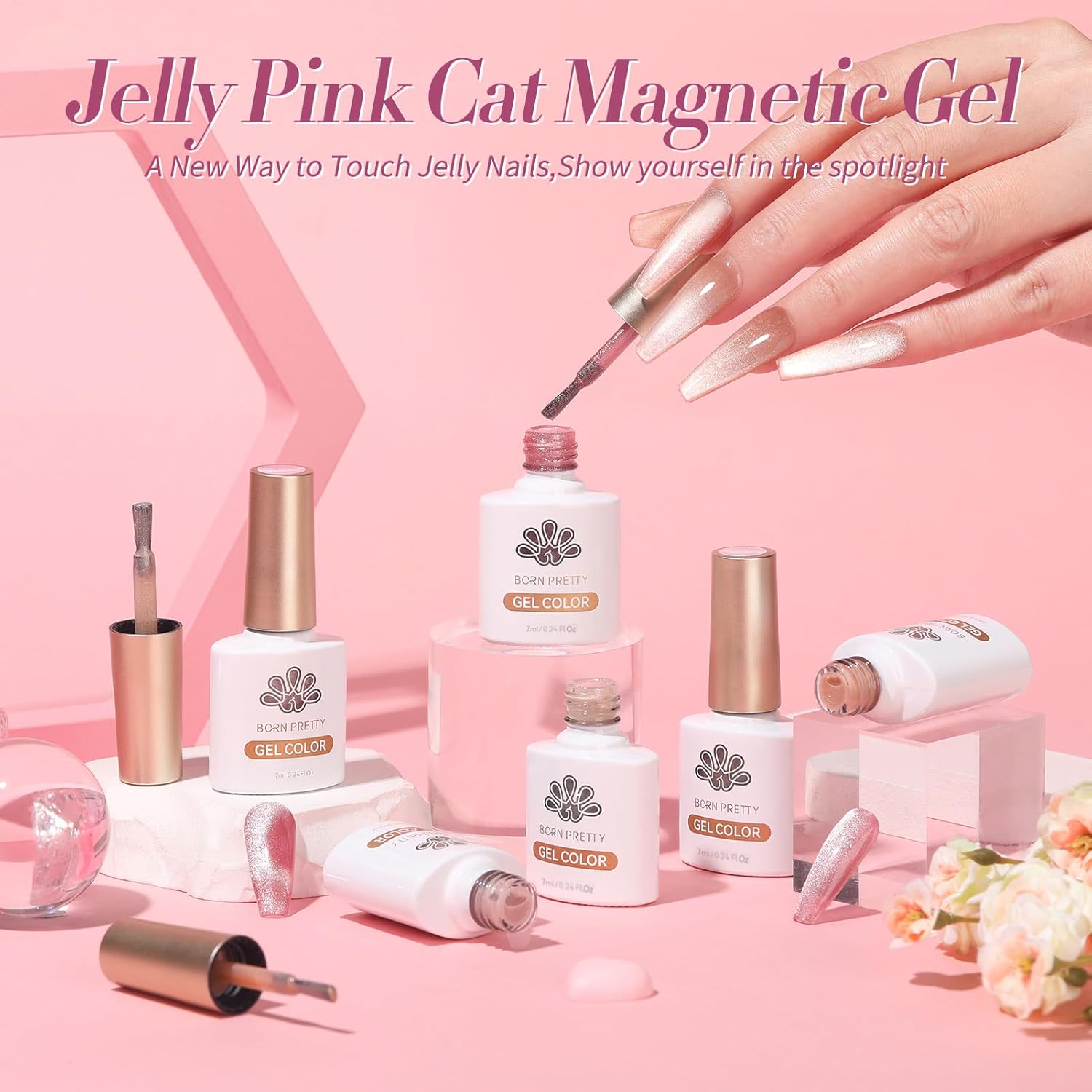 BORN PRETTY 6 Colors Jelly Nude Pink Cat Magnetic Eye Gel Polish Set with Magnet, Soak-Off U V/LED Iridescent Cat Gel for Nail Art Salon DIY Home