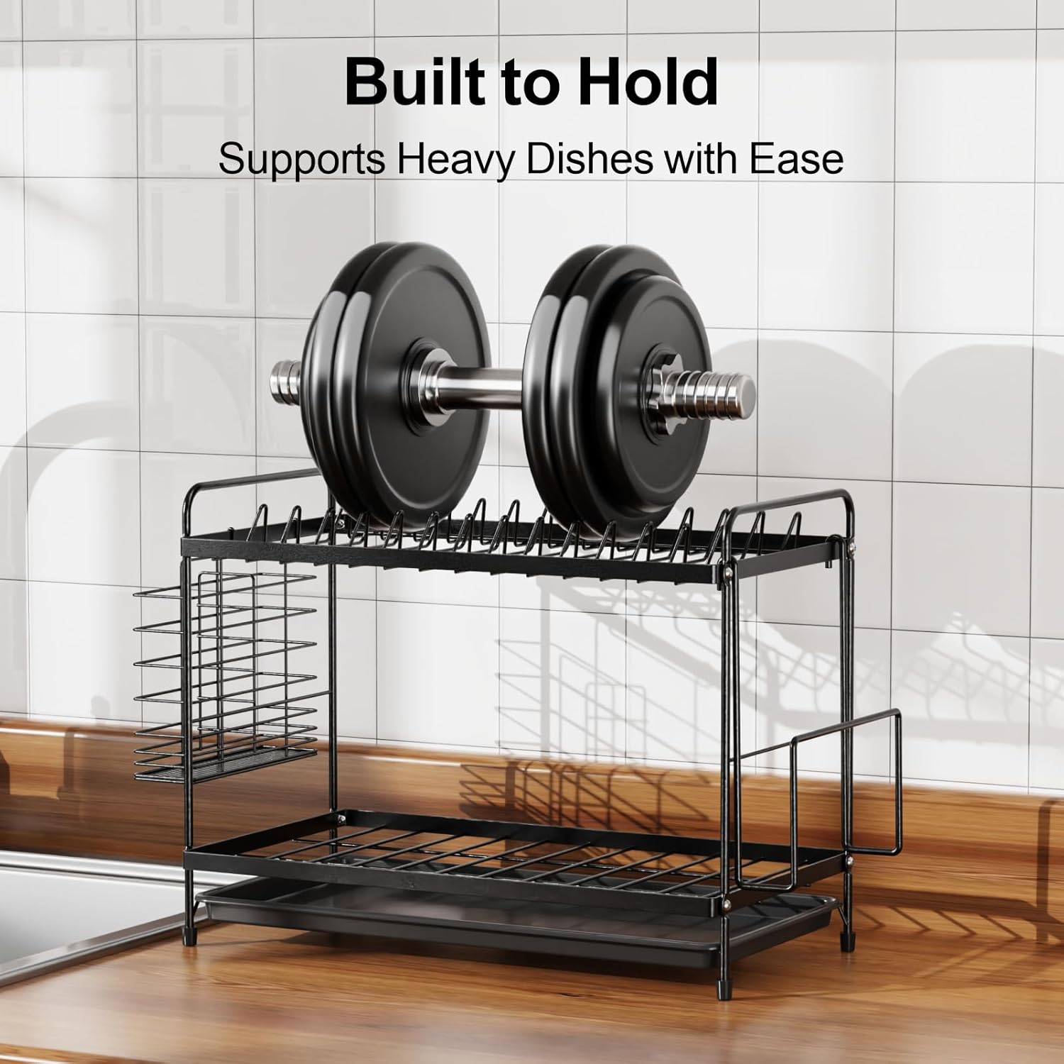 iSPECLE 2 Tier Dish Drainer Rack - Small Dish Drying Rack with Drip Tray, Space-Saving Draining Board Rack with Utensil Cutting & Board Holder for Kitchen Worktop, Black