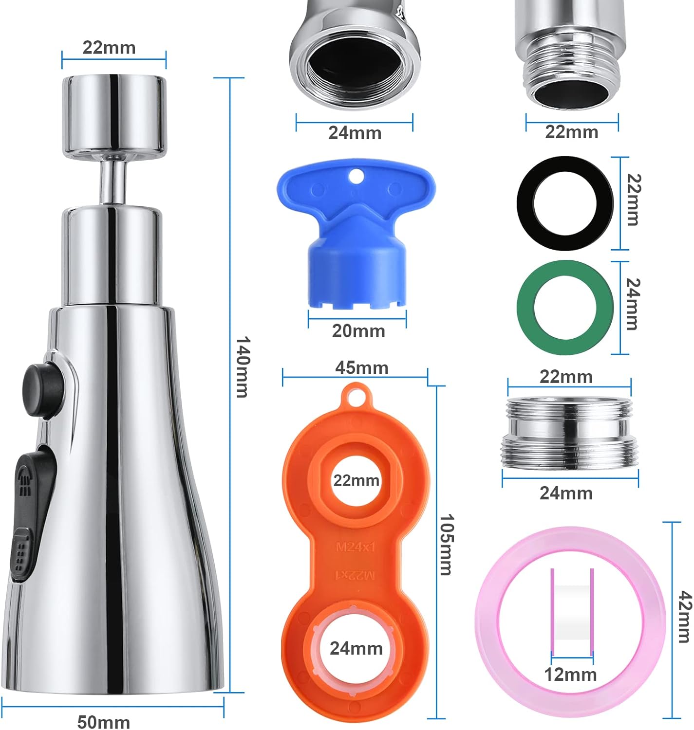 OSDUE Kitchen Tap Spray Head, 360° Swivel Spout, FM22 M24 Kitchen Sink Tap, Tap Faucet Attachment Spray with 3 Modes, Replacement Tap Bubbler Head Aerator,Tap Adapter Accessories,G1/2