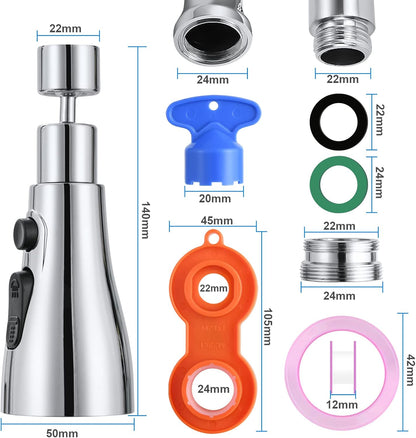 OSDUE Kitchen Tap Spray Head, 360° Swivel Spout, FM22 M24 Kitchen Sink Tap, Tap Faucet Attachment Spray with 3 Modes, Replacement Tap Bubbler Head Aerator,Tap Adapter Accessories,G1/2