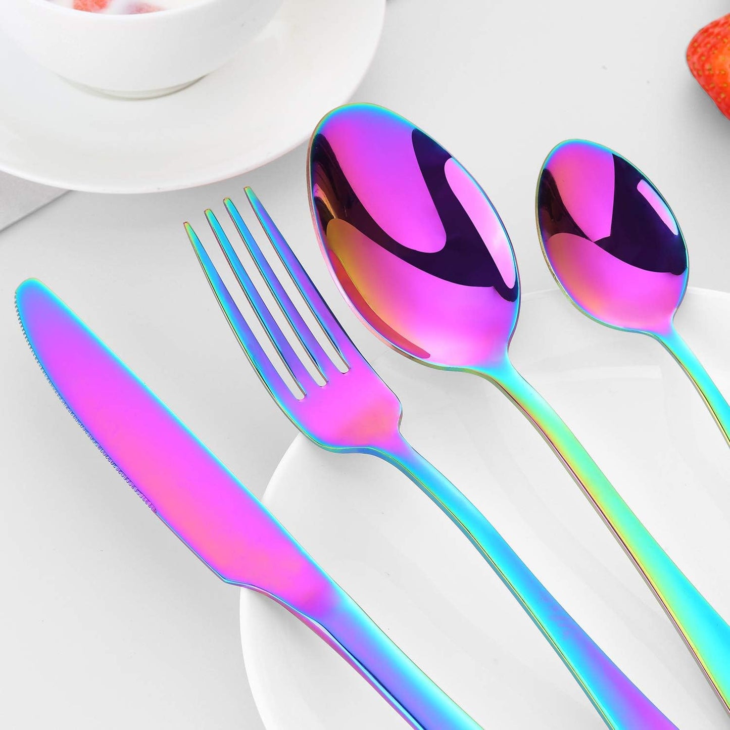 Cutlery Set, BEWOS 16-Piece Stainless Steel Flatware Set, Tableware Silverware Set with Rainbow Spoon Knife and Fork Set, Service for 4, Dishwasher Safe/Easy Clean, Mirror Polished