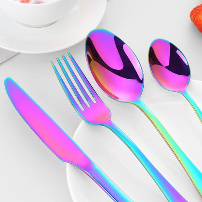 Cutlery Set, BEWOS 16-Piece Stainless Steel Flatware Set, Tableware Silverware Set with Rainbow Spoon Knife and Fork Set, Service for 4, Dishwasher Safe/Easy Clean, Mirror Polished