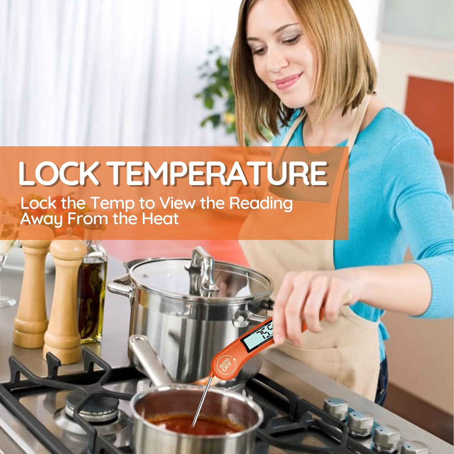 DOQAUS Food Thermometer, Instant Read Meat Thermometers, Digital Cooking Thermometer, Backlight LCD Screen Foldable Long Probe, Auto On/Off, Perfect for Kitchen Cooking, BBQ, Water,Meat, Milk(Orange)