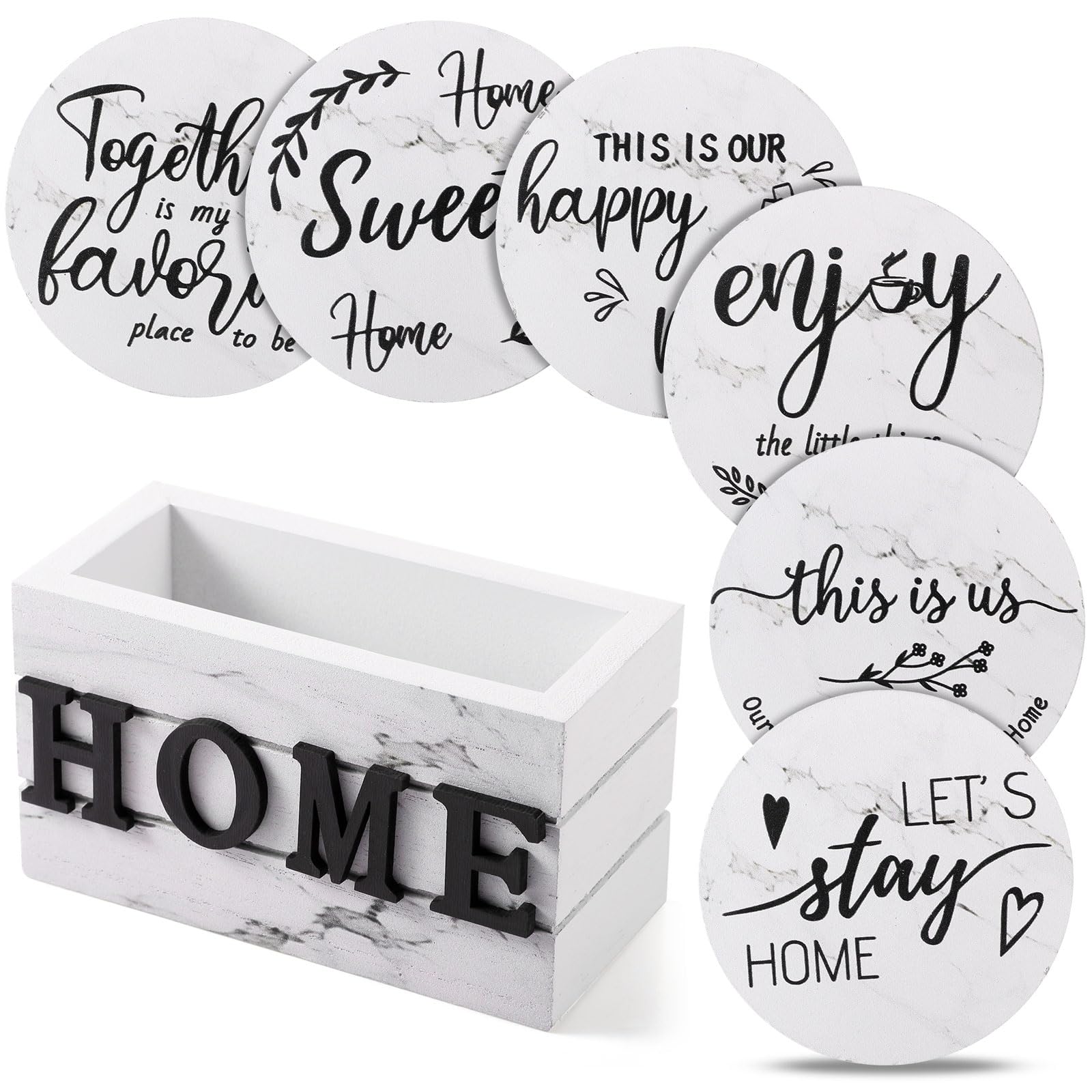 Queekay Housewarming Gifts for Home Decoration Wooden Heart Coasters for Drinks 6 Set Farmhouse Coasters with Holder Funny for Family Coffee Table Protection, 4''(Classic Farmhouse,Home)
