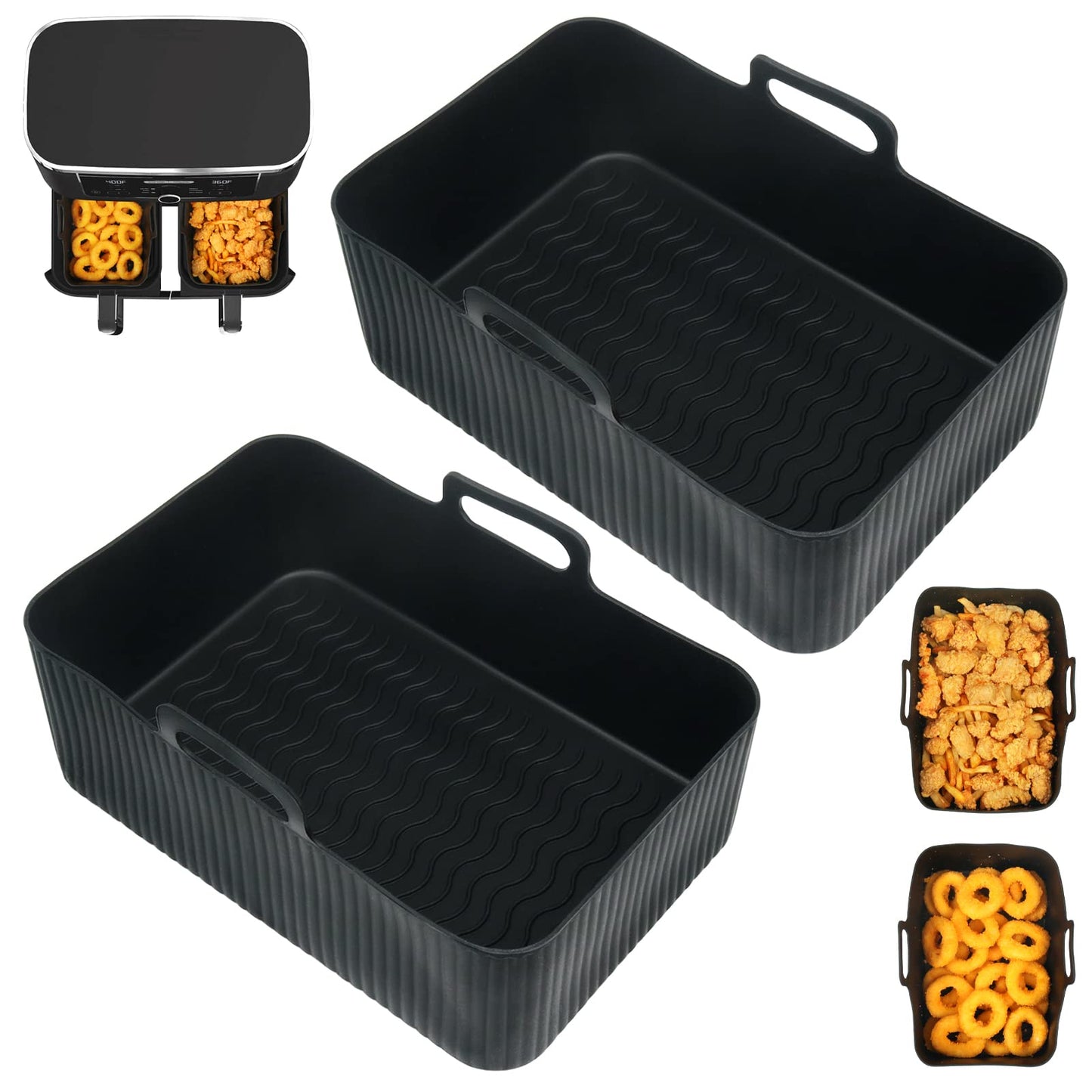 BYKITCHEN 2PCS Air Fryer Silicone Liner for Tower T17088 9L/Ninja Dual, Folding Large Air Fryer Basket Pot, Air Fryer Accessories for Ninja AF400UK/AF451UK 9.5L/Salter/Instant Vortex Plus Air Fryer