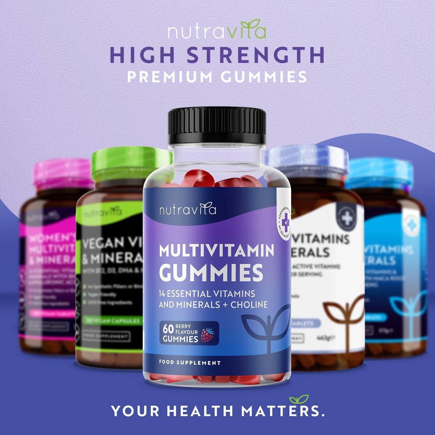 Multivitamin Gummies for Women & Men - 60 Vegan Gummies (2 Month Supply) - 14 Essential Vitamins & Minerals with Vitamin C A D B12 Biotin Zinc - Berry Flavour Chewable Adult Multi Vitamins - Nutravita