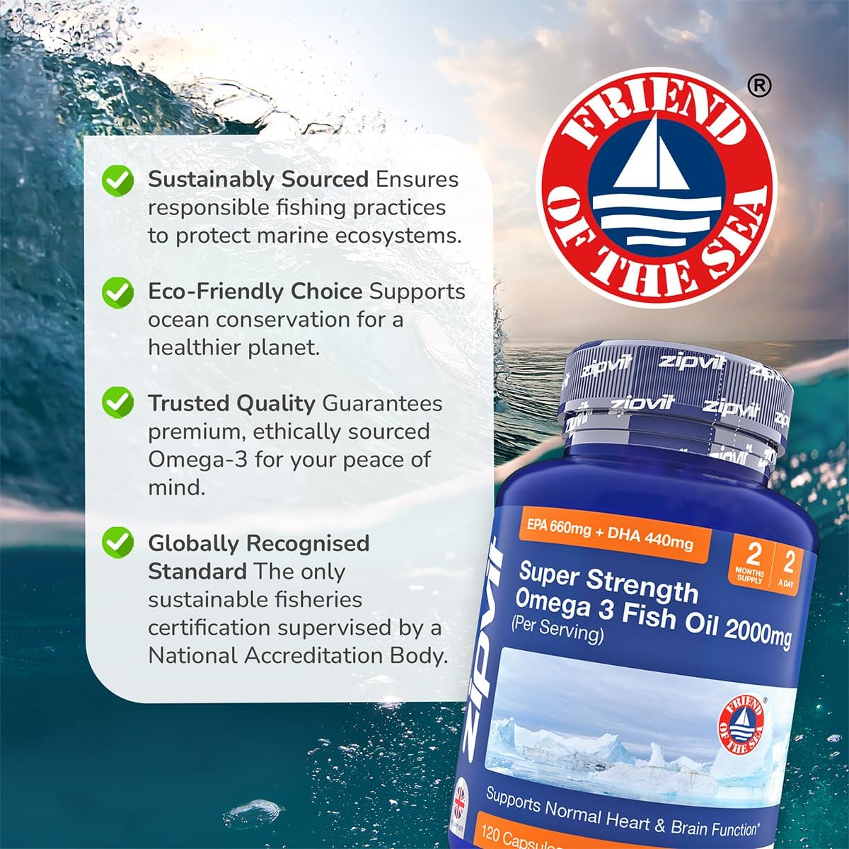 Omega 3 Fish Oil 2000mg, EPA 660mg DHA 440mg per Daily Serving. 120 Capsules (2 Months Supply). Supports Heart, Brain Function and Eye Health. 2 Capsules Per Serving