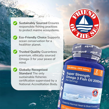 Omega 3 Fish Oil 2000mg, EPA 660mg DHA 440mg per Daily Serving. 120 Capsules (2 Months Supply). Supports Heart, Brain Function and Eye Health. 2 Capsules Per Serving