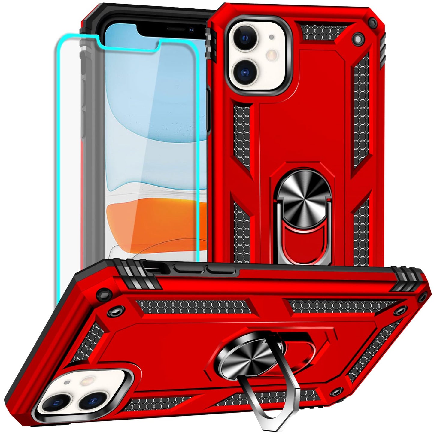 Yiakeng iPhone 11 Phone Case, iPhone 11 Case With Screen Protector, Silicone Shockproof Military Grade Protective Phone Cover with Ring Kickstand for iPhone 11 (Black)