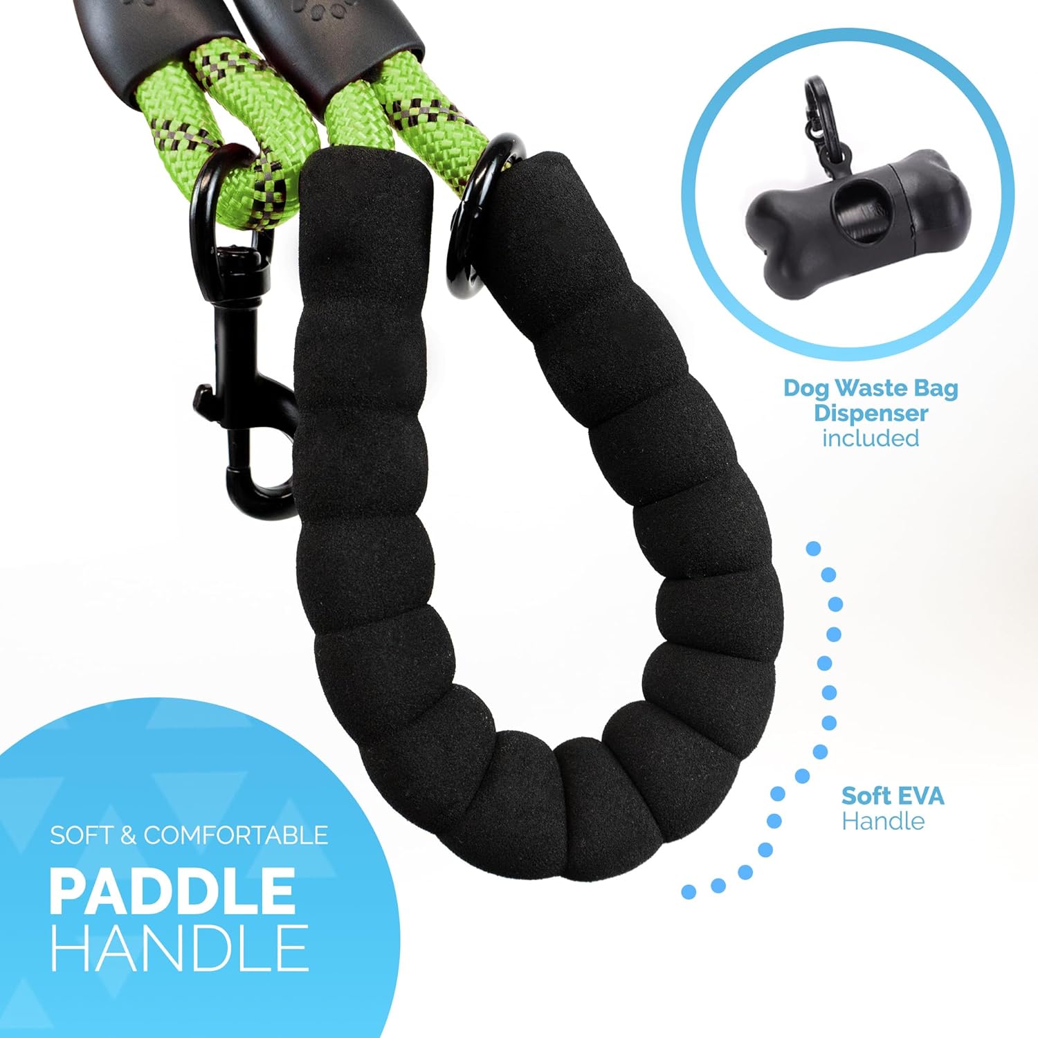 1.5m (5ft) Slip-On Dog Lead - One-Size-Fits-All Leash with Soft Padded Handle & Highly Reflective Threads - Durable & Weather Resistant Climbers Rope for Dogs - Waste bag dispenser included