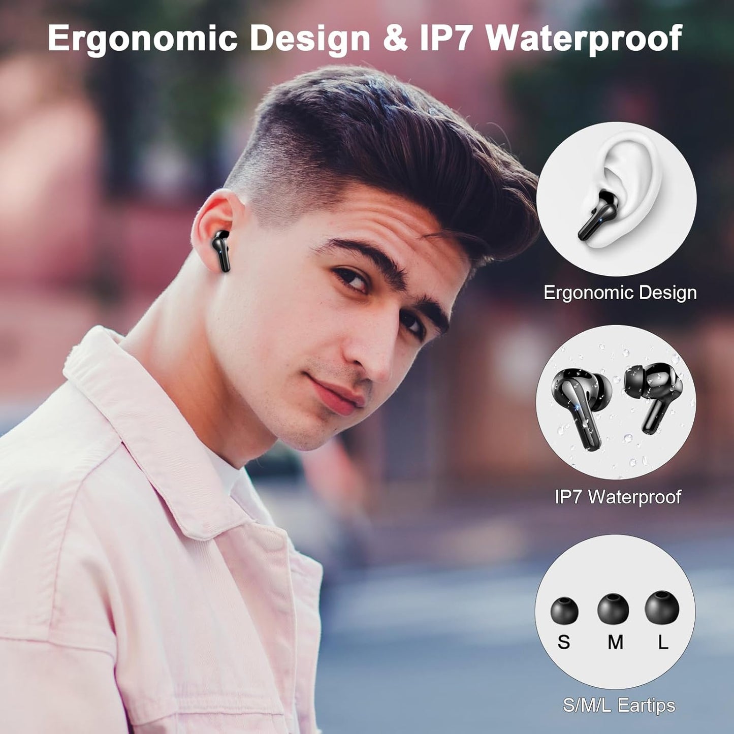 Wireless Earbuds, Bluetooth 5.4 Headphones with 4 ENC Noise Cancelling Microphone, Ear buds with HiFi Stereo Deep Bass, Bluetooth Earphones 45H Playtime LED Display, IP7 Waterproof, Dark Black