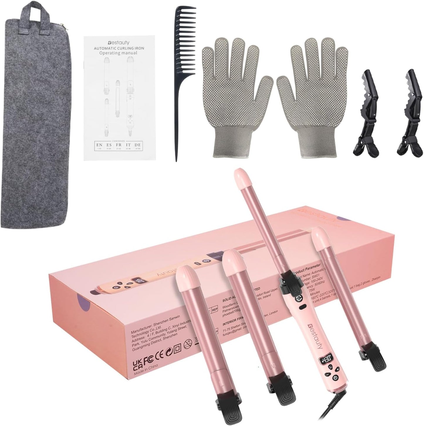 Bestauty Automatic Hair Curler, 4 in 1 Hair Curler with 19-32mm Interchangeable Ceramic Curling Tongs, 360° Rotating 160-220° C Curling Iron, Dual Voltage(Pink)