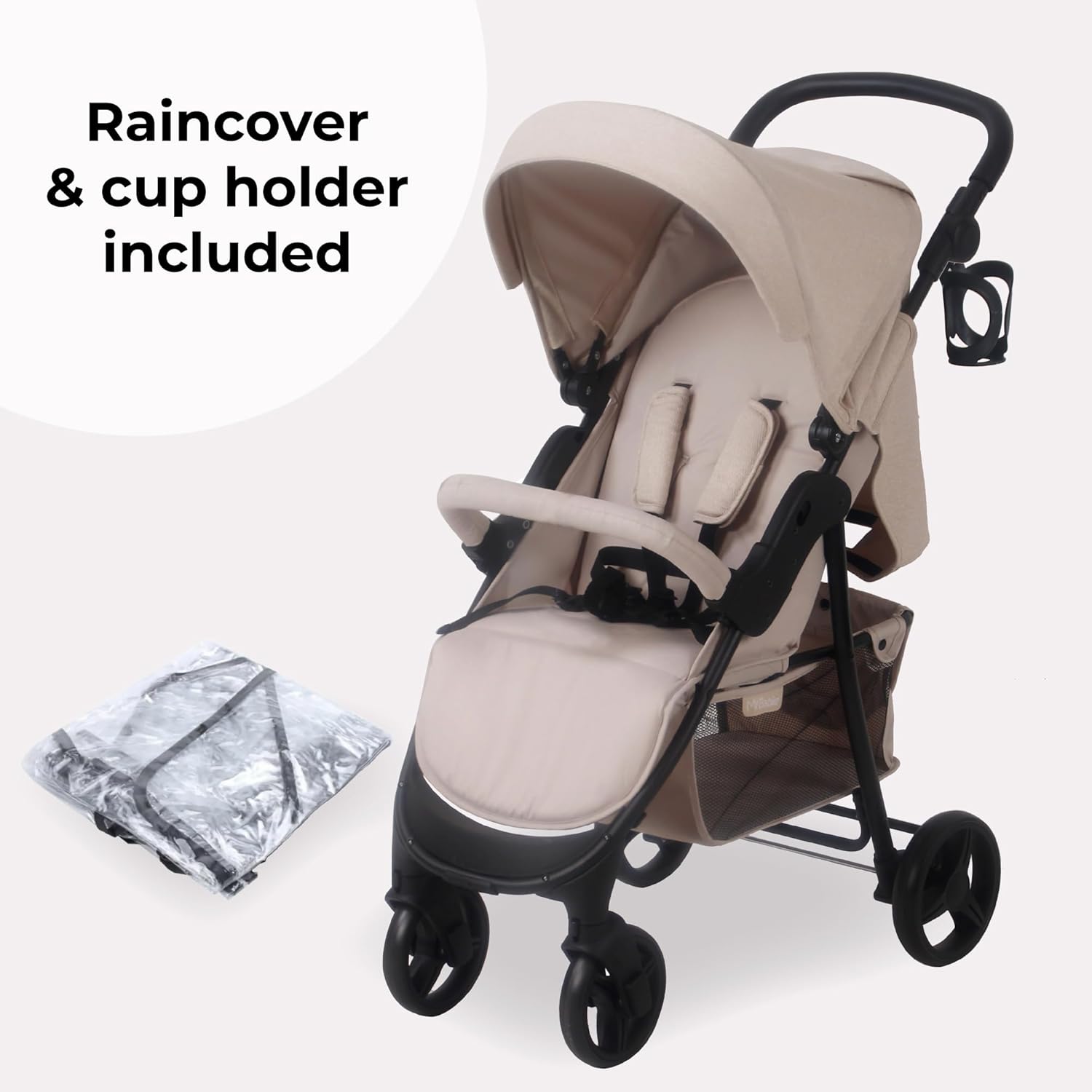 My Babiie MB30 Pushchair – from Birth to 4 Years (22kg), Easy Compact Fold, Large Shopping Basket, Adjustable Handle, Stroller Includes Cup Holder, Rain Cover – Oatmeal
