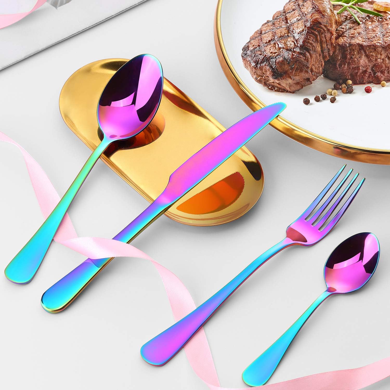 Cutlery Set, BEWOS 16-Piece Stainless Steel Flatware Set, Tableware Silverware Set with Rainbow Spoon Knife and Fork Set, Service for 4, Dishwasher Safe/Easy Clean, Mirror Polished